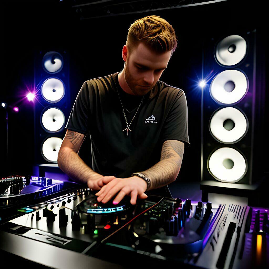 Zeigt mehrere DJ Controller, die von einem DJ bedient werden mit Händen. Es ist nur die Mitte des Körper zu sehen.